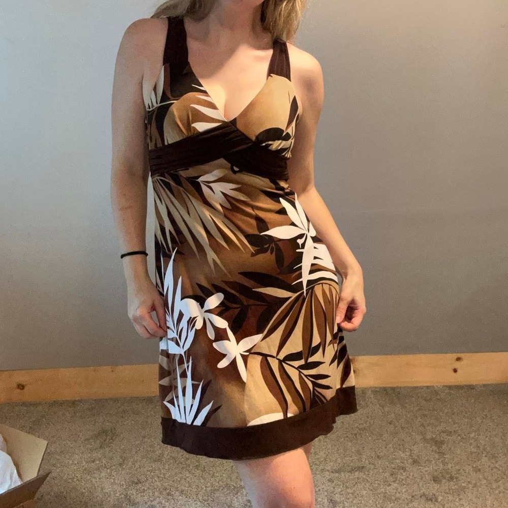 Y2K brown and beige polyester mini dress with white and brown leaf print
